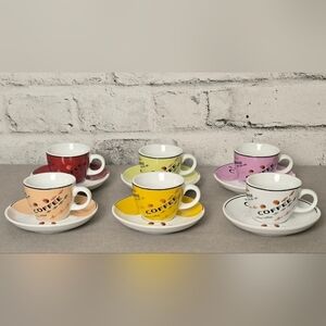 Vintage Café Coffee Cups & Saucers Set of 6 Multicolor Espresso Style